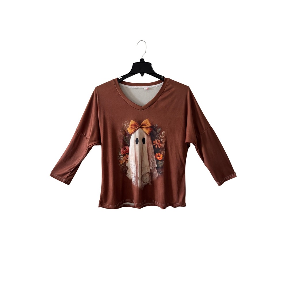 Halloween Lace Ghost Bow Graphic Ribbed Vneck Jersey Top L Brown 3/4 Sleeve Fall